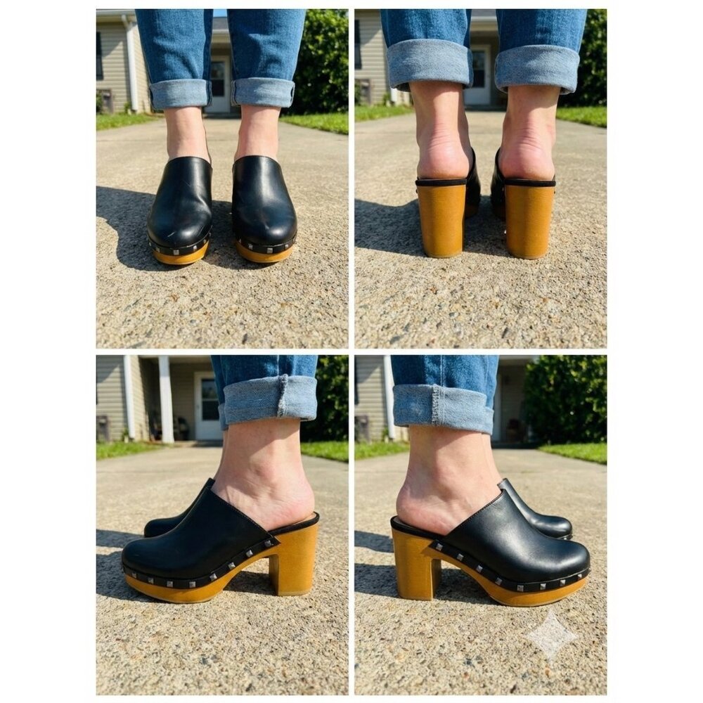 Torrid Studded Black Faux Leather Clog Mules Wood Block Heel Size 9WW Platform